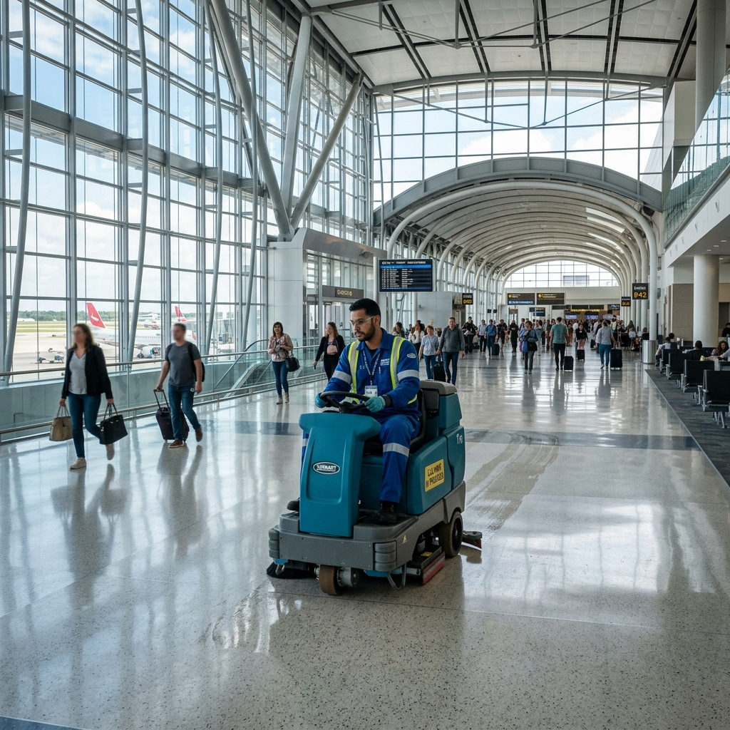 Airport-grade cleaning with ride-on scrubber machine