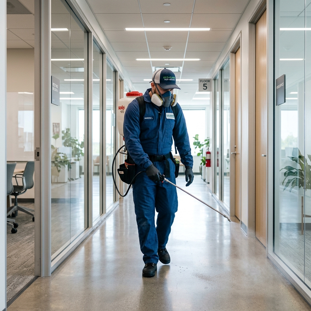 Certified pest control spraying in modern office corridor
